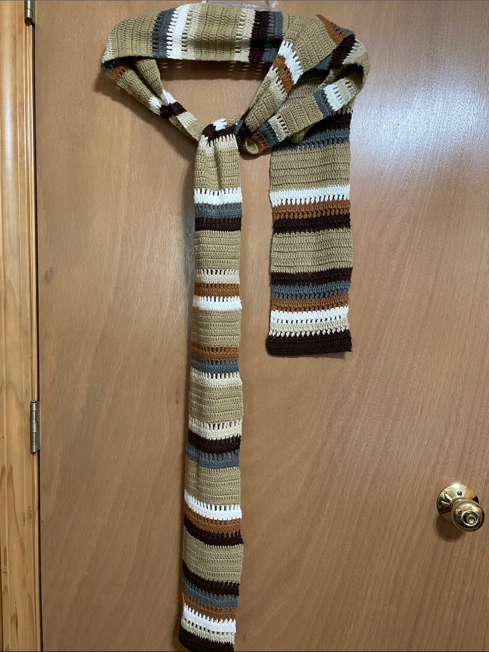 Striped Crochet Scarf in Tan, Brown and White - Women’s Accessory